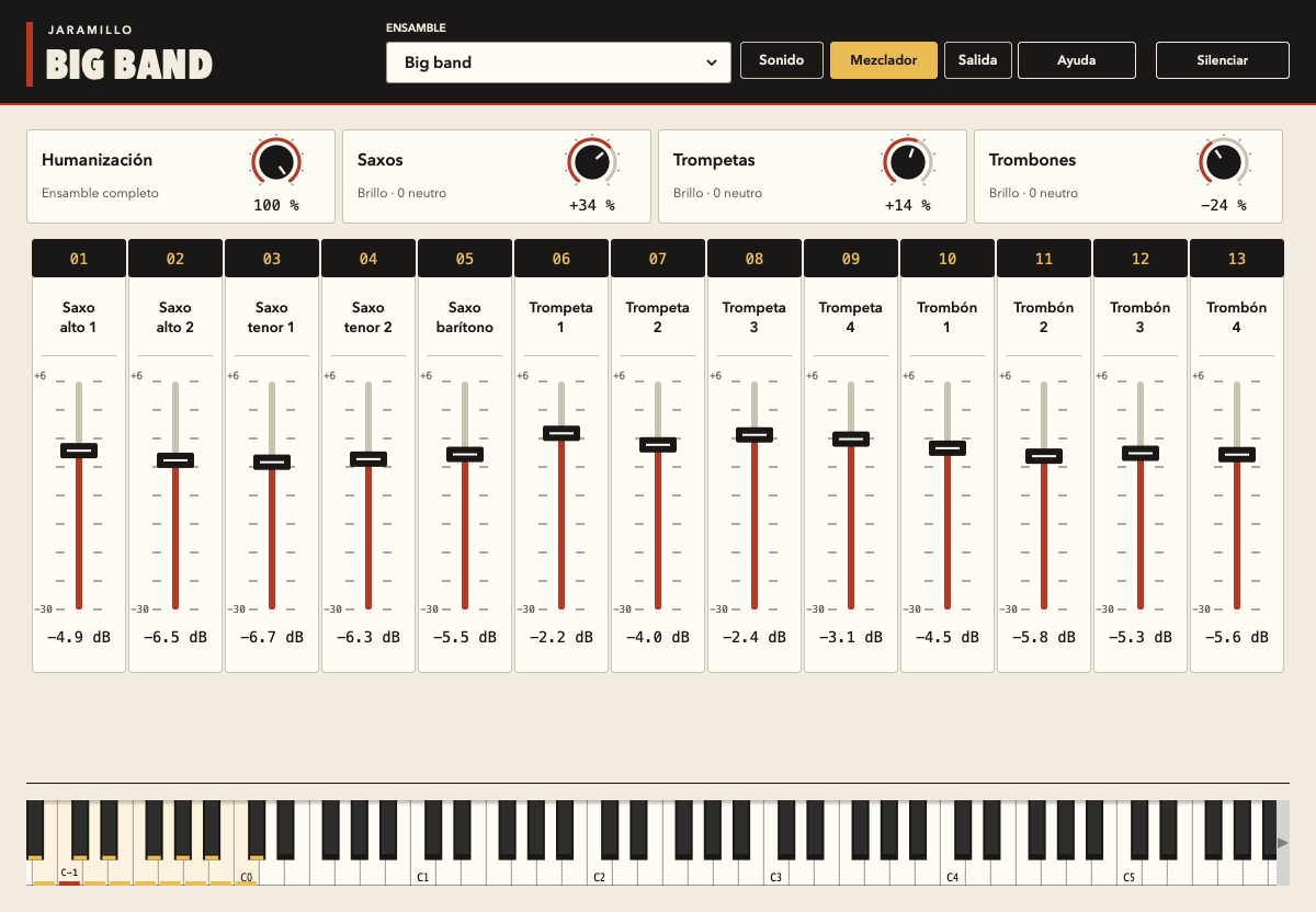 Mezclador de Big Band con faders individuales y brillo por familias