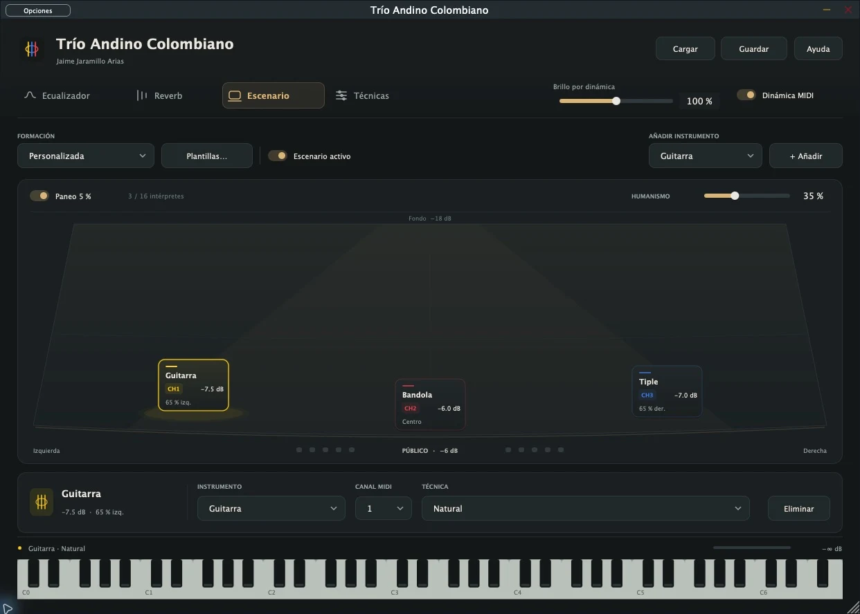 Interfaz de Escenario: distribución de los instrumentos del conjunto